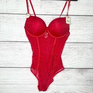 NWT Spree Intimates Pink Lace Sheer Mesh Push-Up Bodysuit lLngerie Size XL